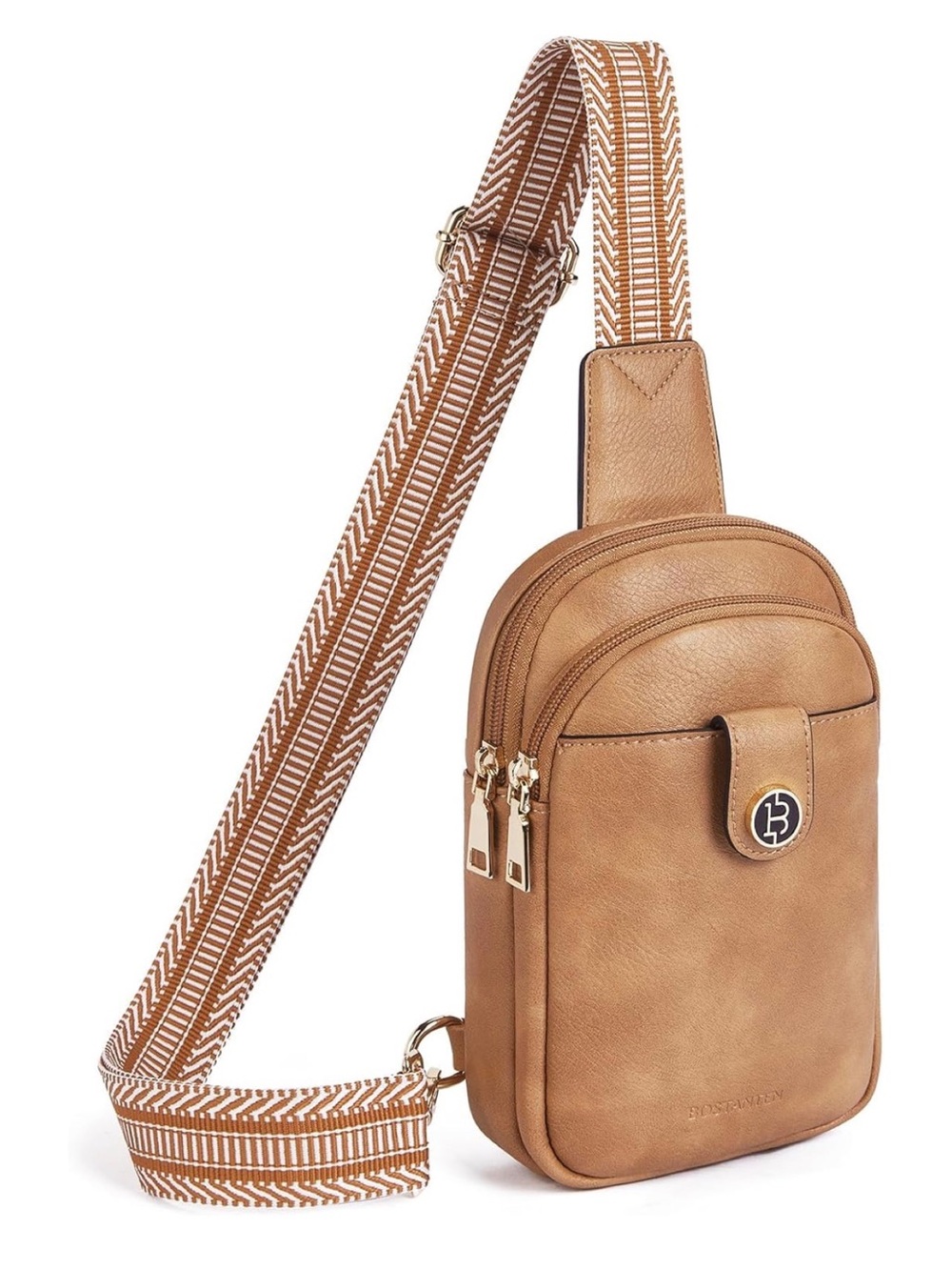 BOSTANTEN Camel Brown Vegan Leather Crossbody Sling Bag Adjustable Chest Strap